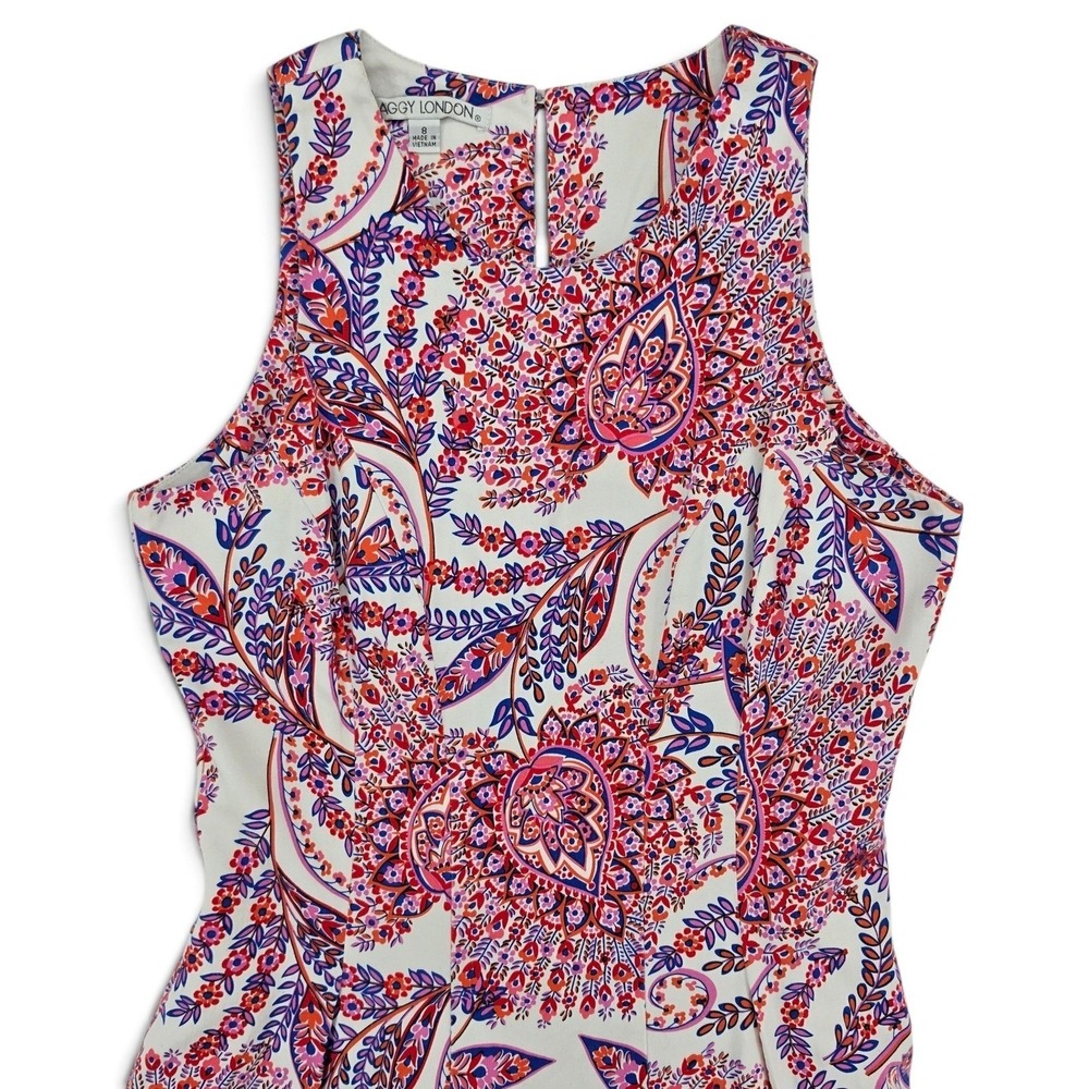 Maggy London 8 Paisley Fit Flare Dress Sleeveless Pink Blue Wedding Guest - Picture 3 of 7